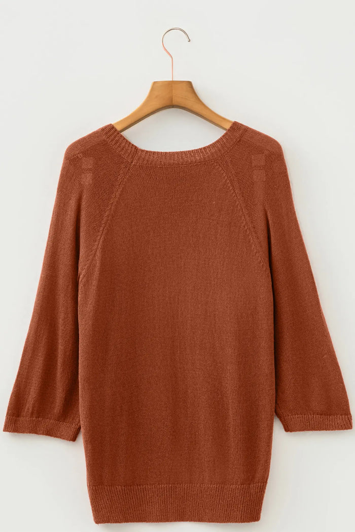 Coffee Ribbed Knit Round Neck Short Sleeve Sweater – Brown