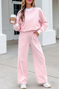 Color Block Trim Mock Neck Pullover Drawstring Pants Casual Outfit – Pink Stripe