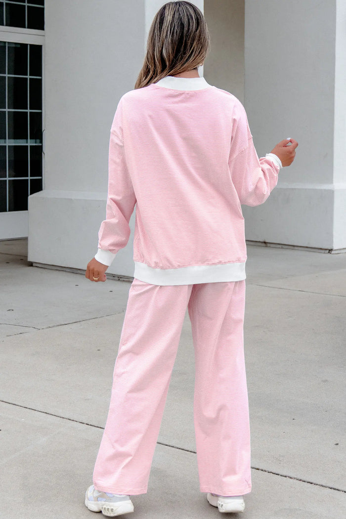 Color Block Trim Mock Neck Pullover Drawstring Pants Casual Outfit – Pink Stripe