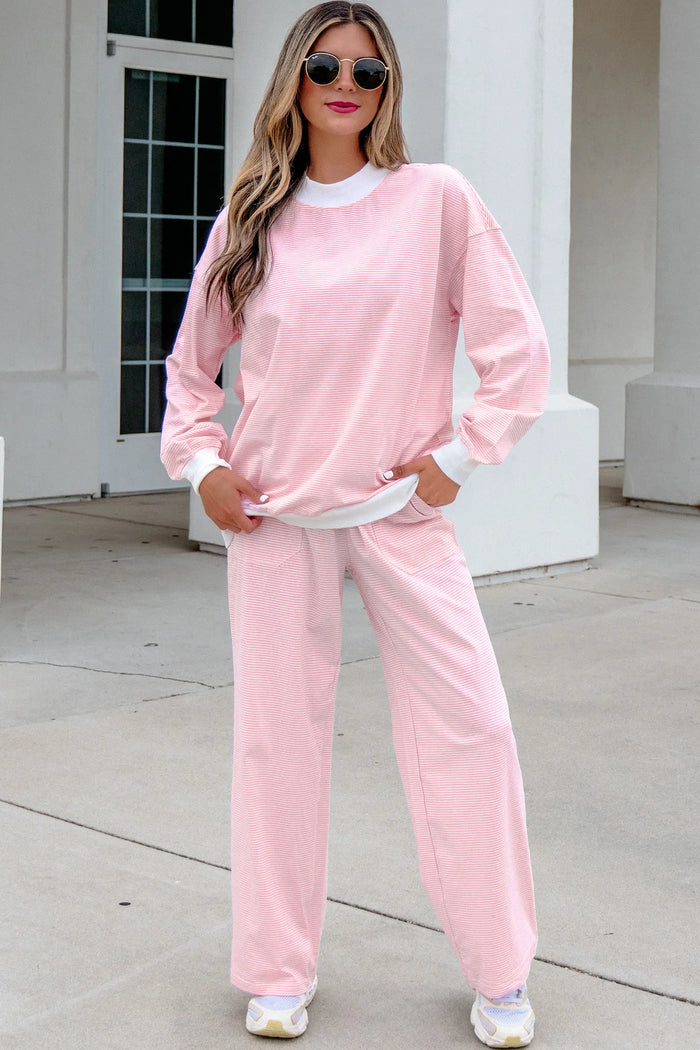 Color Block Trim Mock Neck Pullover Drawstring Pants Casual Outfit – Pink Stripe