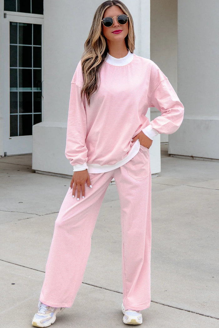 Color Block Trim Mock Neck Pullover Drawstring Pants Casual Outfit – Pink Stripe