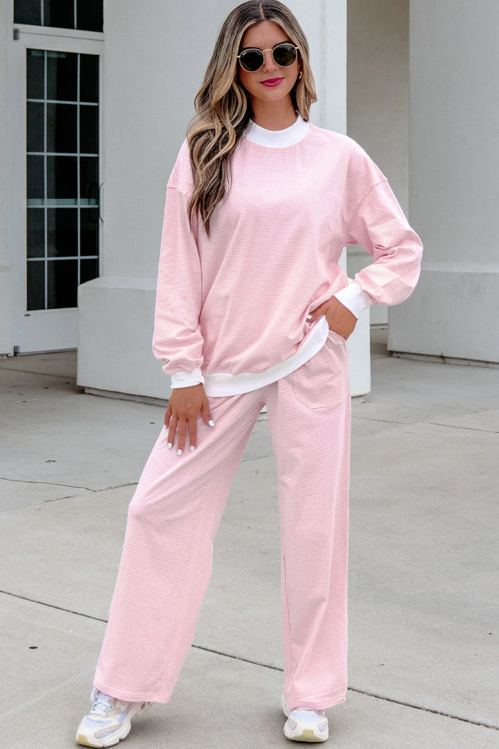 Color Block Trim Mock Neck Pullover Drawstring Pants Casual Outfit – Pink Stripe