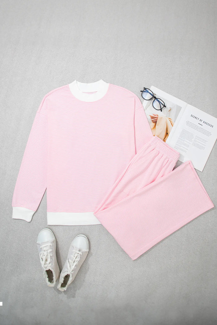 Color Block Trim Mock Neck Pullover Drawstring Pants Casual Outfit – Pink Stripe