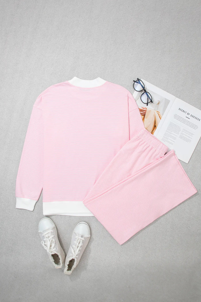 Color Block Trim Mock Neck Pullover Drawstring Pants Casual Outfit – Pink Stripe