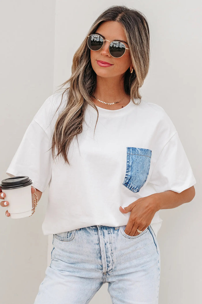 Colour Block Chest Pocket Patched Casual Short Sleeve Top