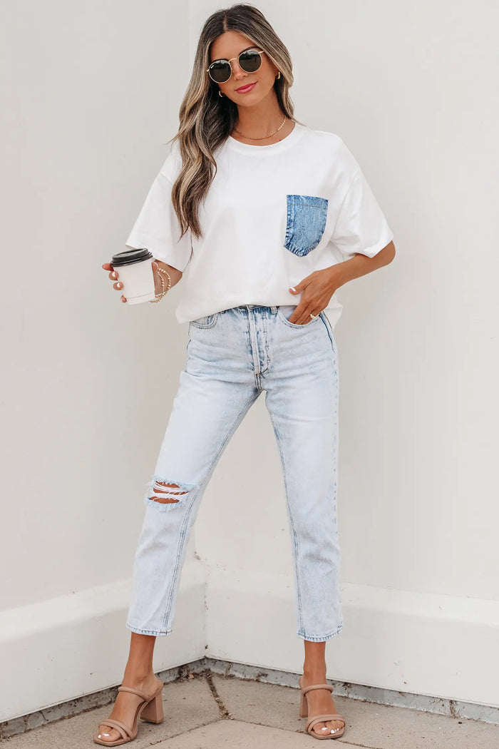 Colour Block Chest Pocket Patched Casual Short Sleeve Top