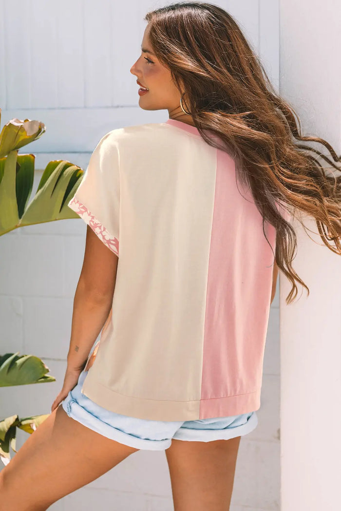 Colour Block Flower Patched Loose T-Shirt