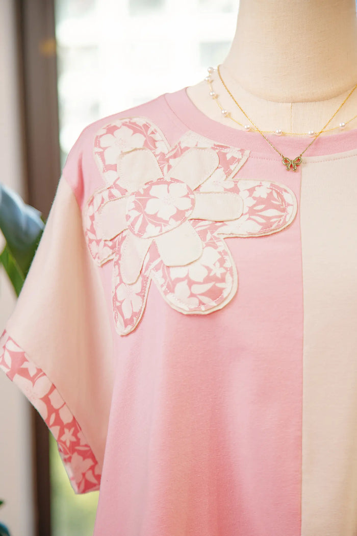Colour Block Flower Patched Loose T-Shirt