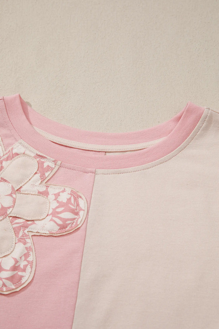 Colour Block Flower Patched Loose T-Shirt