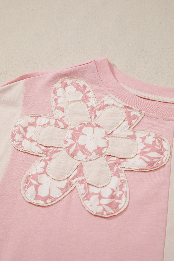 Colour Block Flower Patched Loose T-Shirt