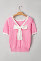 Colourblock Bow V-Shape Cut Back Short Sleeve Sweater - Sweaters & Cardigans/Short