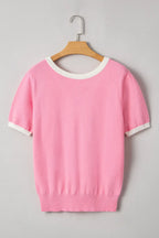 Colourblock Bow V-Shape Cut Back Short Sleeve Sweater - Sweaters & Cardigans/Short