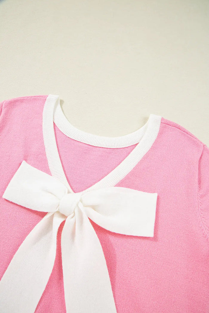 Colourblock Bow V-Shape Cut Back Short Sleeve Sweater - Sweaters & Cardigans/Short