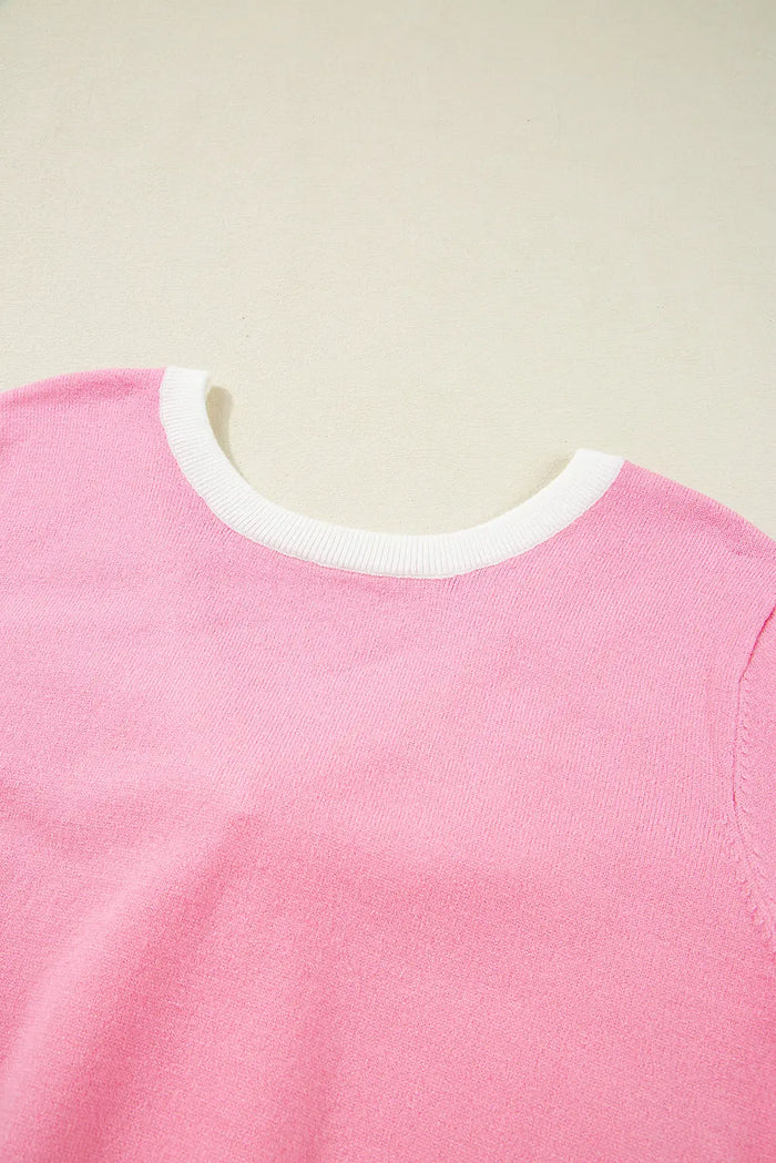 Colourblock Bow V-Shape Cut Back Short Sleeve Sweater - Sweaters & Cardigans/Short
