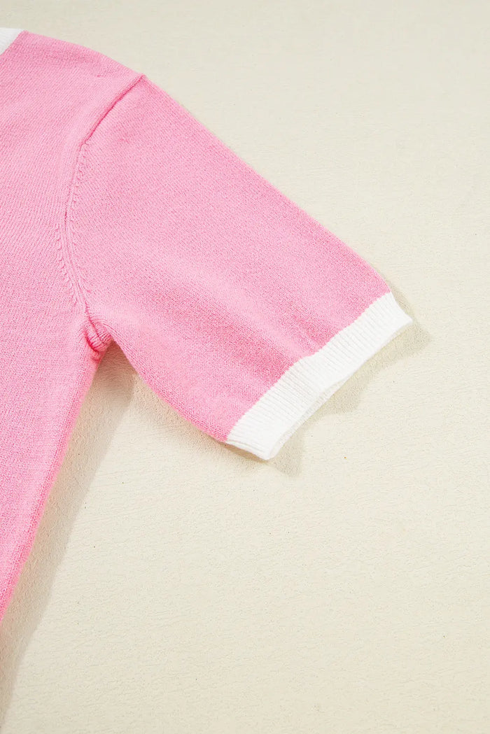 Colourblock Bow V-Shape Cut Back Short Sleeve Sweater - Sweaters & Cardigans/Short