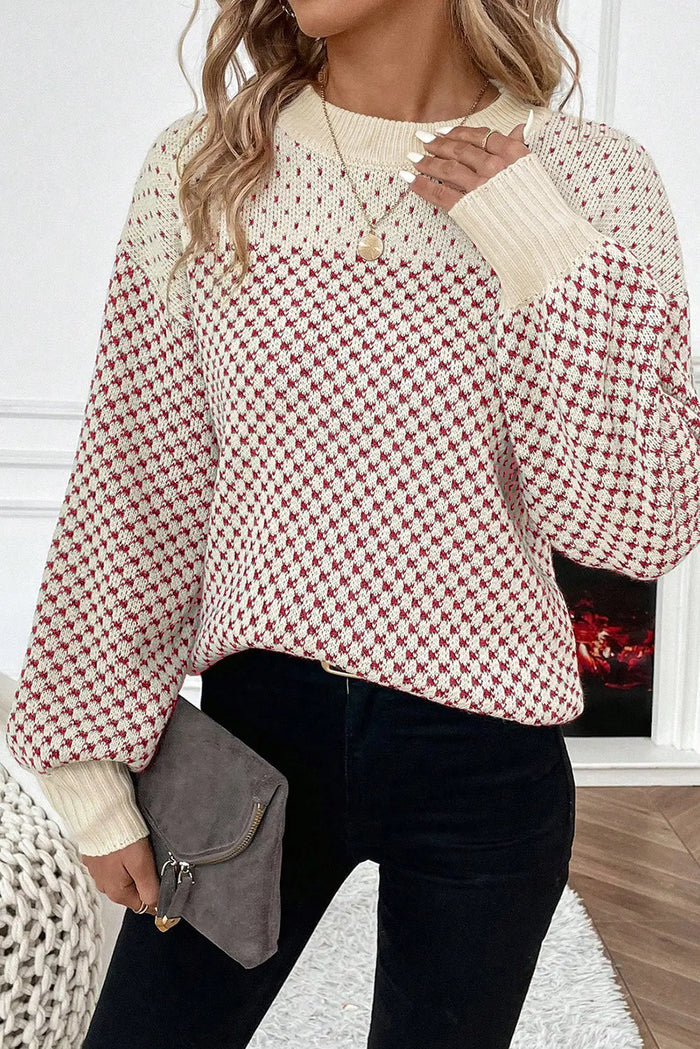 Contrast Colour Pattern Lantern Sleeve Sweater - Red / S - Sweaters & Cardigans/Sweaters