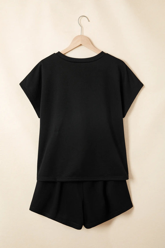 Contrast Leopard Bow Patched V-Neck Loose Tee Drawstring Shorts Co-ord Set