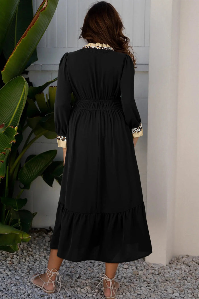 Contrast Leopard Frilled Trim V Neck Bracelet Sleeve Midi Dress - Dresses/Mini Dresses