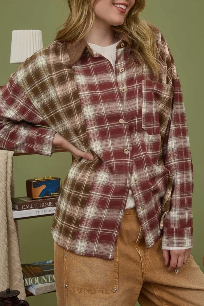 Contrast Plaid Long Sleeve Button Down Shirt – Red