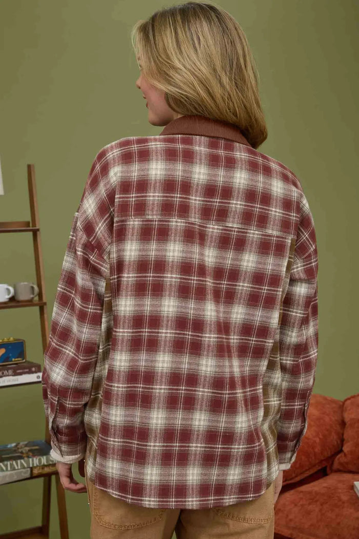 Contrast Plaid Long Sleeve Button Down Shirt – Red