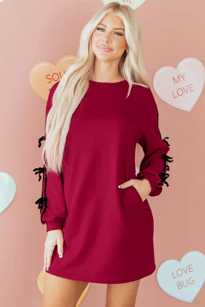 Contrast Striped Bow Detail Drop Shoulder Sweatshirt Dress with Pockets - Red / S - Dresses/Mini Dresses