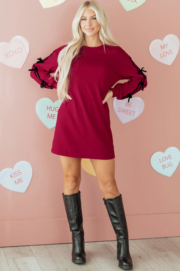 Contrast Striped Bow Detail Drop Shoulder Sweatshirt Dress with Pockets - Dresses/Mini Dresses
