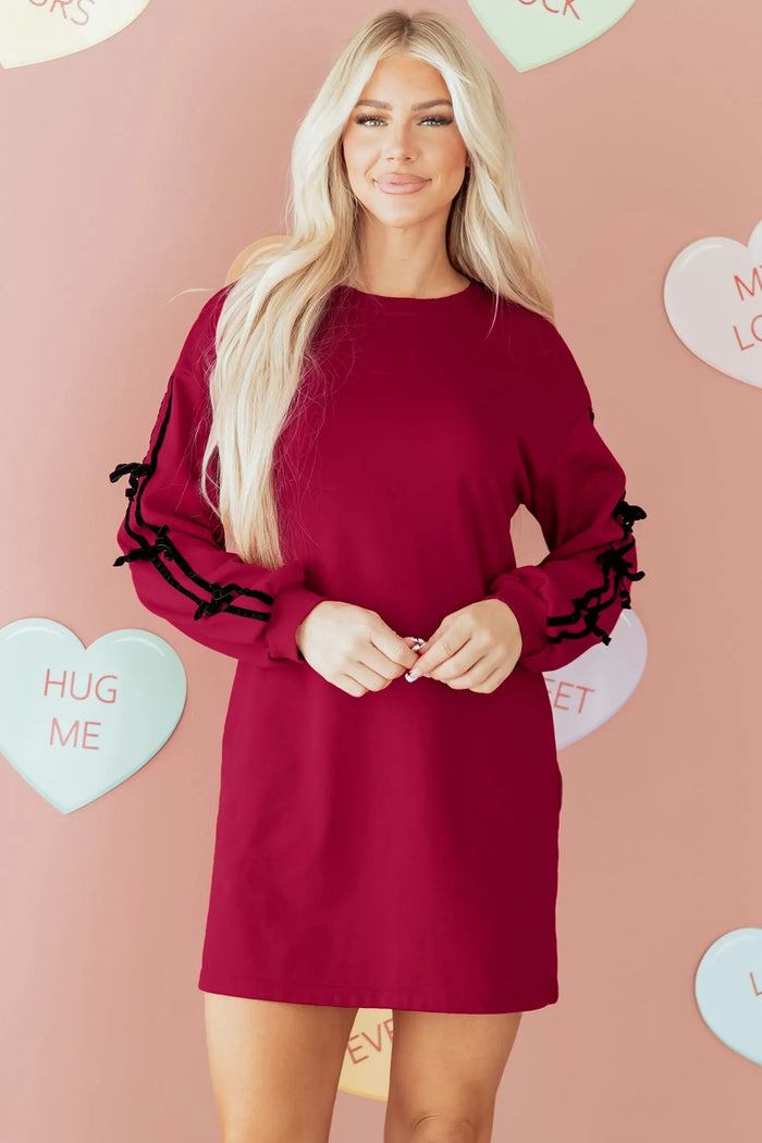 Contrast Striped Bow Detail Drop Shoulder Sweatshirt Dress with Pockets - Dresses/Mini Dresses