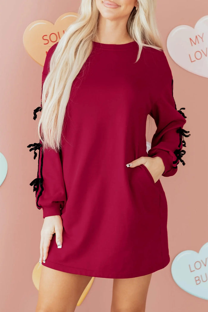 Contrast Striped Bow Detail Drop Shoulder Sweatshirt Dress with Pockets - Dresses/Mini Dresses