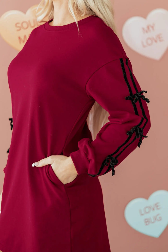 Contrast Striped Bow Detail Drop Shoulder Sweatshirt Dress with Pockets - Dresses/Mini Dresses