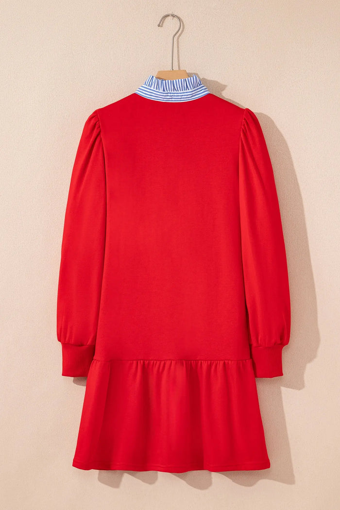 Contrast Striped Collar Patchwork Puff Sleeve Ruffle Hem Mini Dress - Dresses/Mini Dresses
