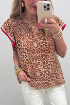 Contrast Trim Ruffled Short Sleeve Leopard Blouse DL