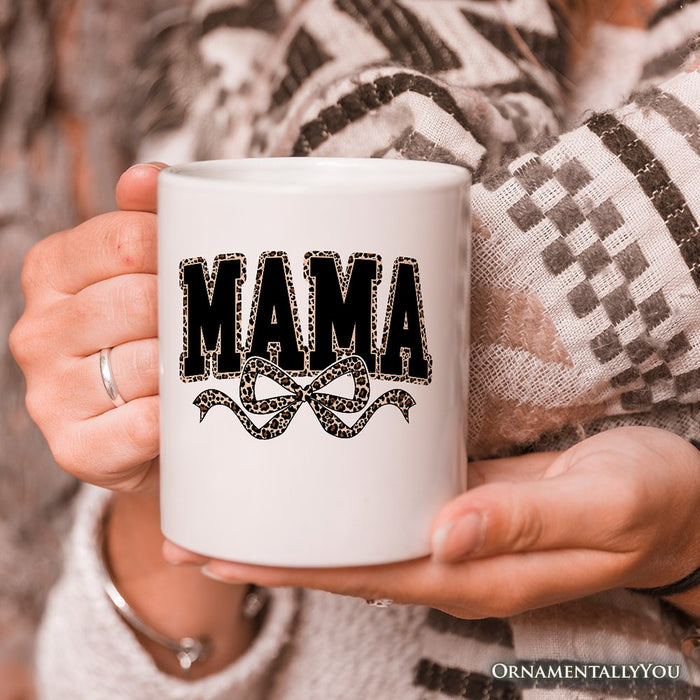 Coquette Leopard Mama Personalized Mug, Retro Bow Varsity Gift with Custom Name Personalized Ceramic Mug OrnamentallyYou
