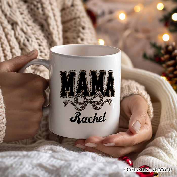 Coquette Leopard Mama Personalized Mug, Retro Bow Varsity Gift with Custom Name Personalized Ceramic Mug OrnamentallyYou