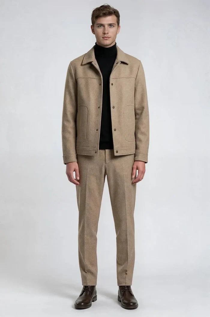 Cotton Beige Shacket – a refined beige overshirt crafted in soft cotton, featuring a bespoke tailored fit that blends relaxed comfort with elevated smart-casual sophistication.