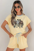 Cream Ribbed Knit Two Piece Set Sequin Horse Patched Casual Short Set – Yellow