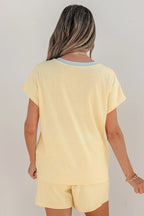 Cream Ribbed Knit Two Piece Set Sequin Horse Patched Casual Short Set – Yellow