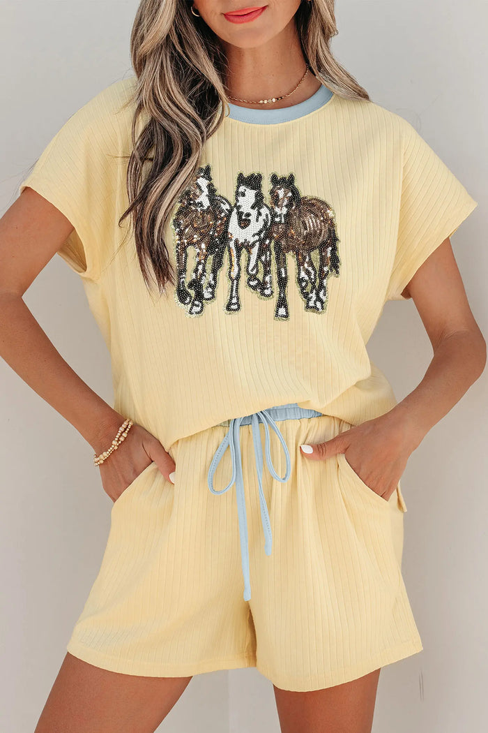 Cream Ribbed Knit Two Piece Set Sequin Horse Patched Casual Short Set – Yellow