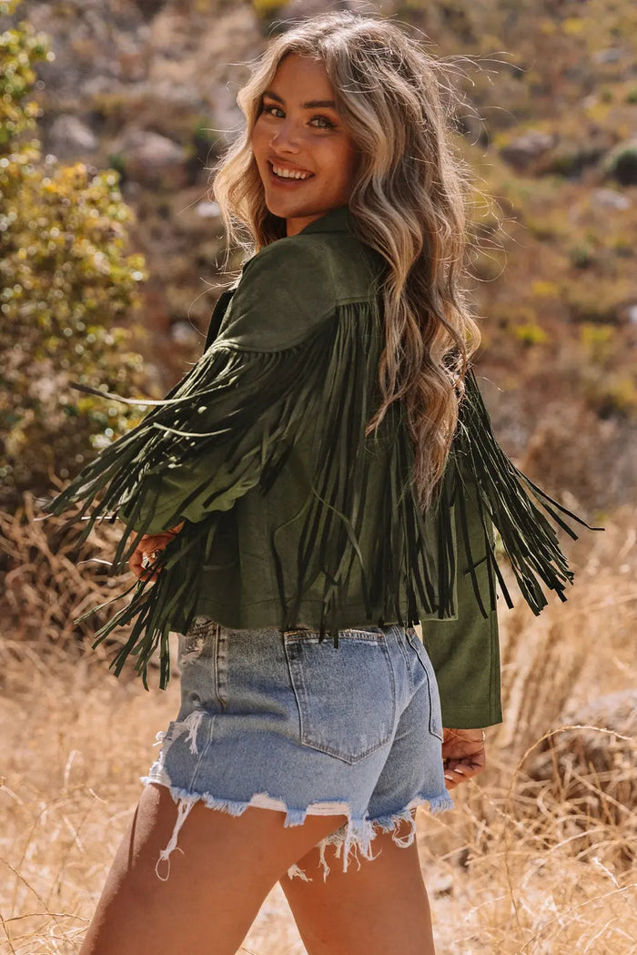 Cropped Fringe Faux Suede Jacket - Outerwear/Jackets