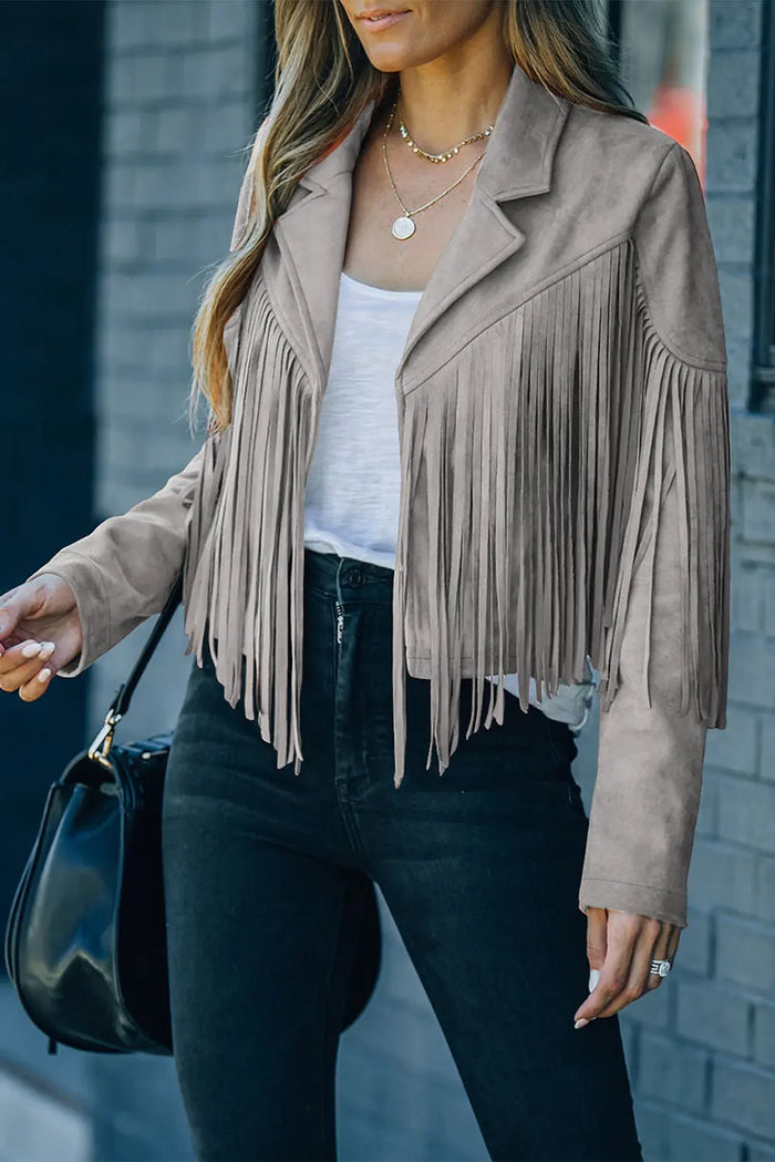 Cropped Fringe Faux Suede Jacket - Grey / S - Outerwear/Jackets