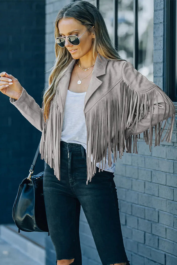 Cropped Fringe Faux Suede Jacket - Outerwear/Jackets