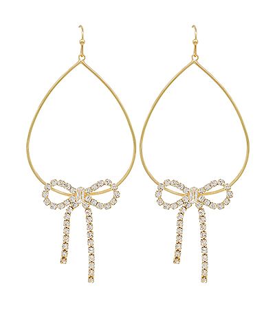 Gold teardrop earrings with sparkling crystal bow accents and dangling crystal details displayed on a white background from The Pink Doxie Boutique.