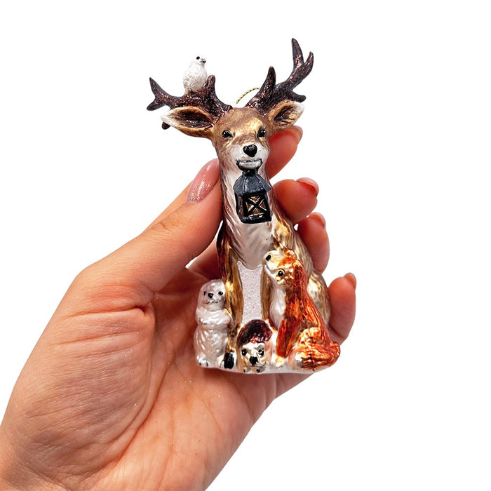 Deer with Lantern Glass Christmas Ornament, Woodland Animal Tree Decor Glass Ornament OrnamentallyYou