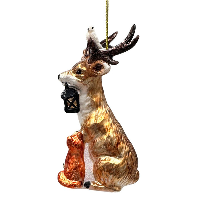 Deer with Lantern Glass Christmas Ornament, Woodland Animal Tree Decor Glass Ornament OrnamentallyYou