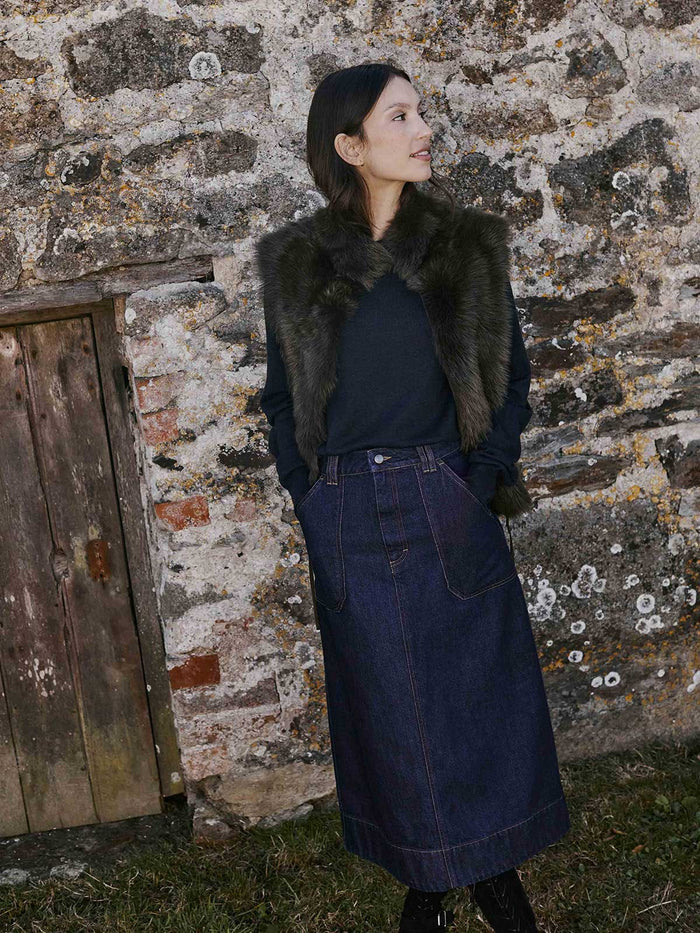 Denim A Line Midi Skirt