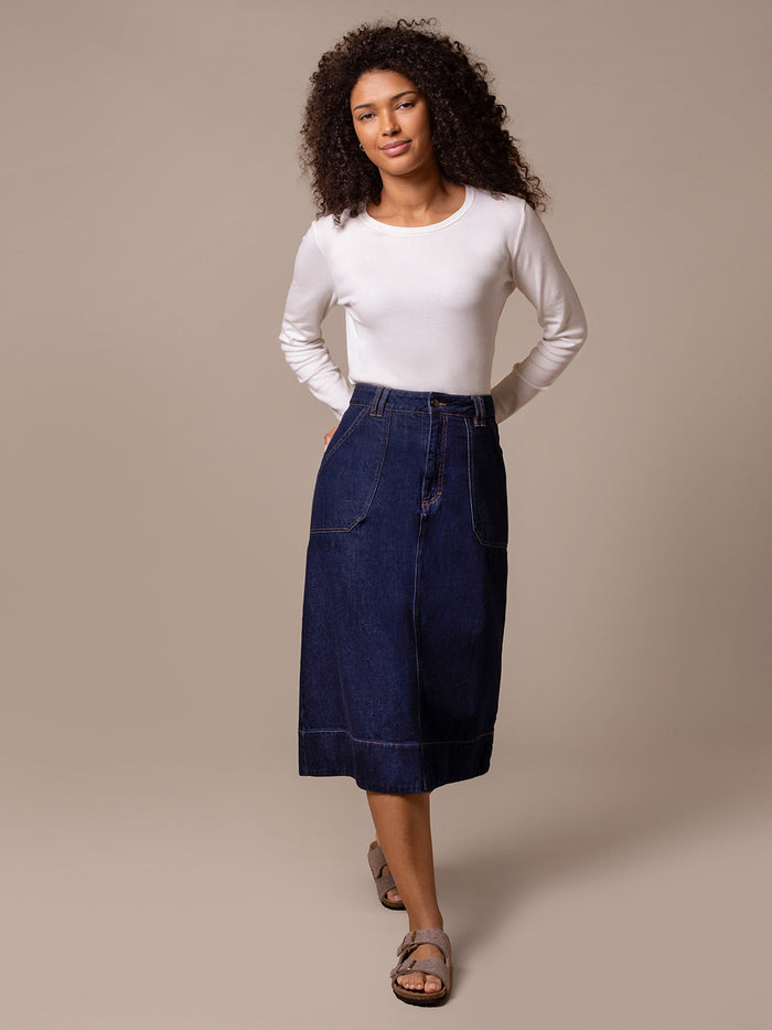 Denim A Line Midi Skirt