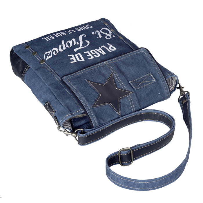 DENIM CANVAS FLAP CROSSBODY BAG