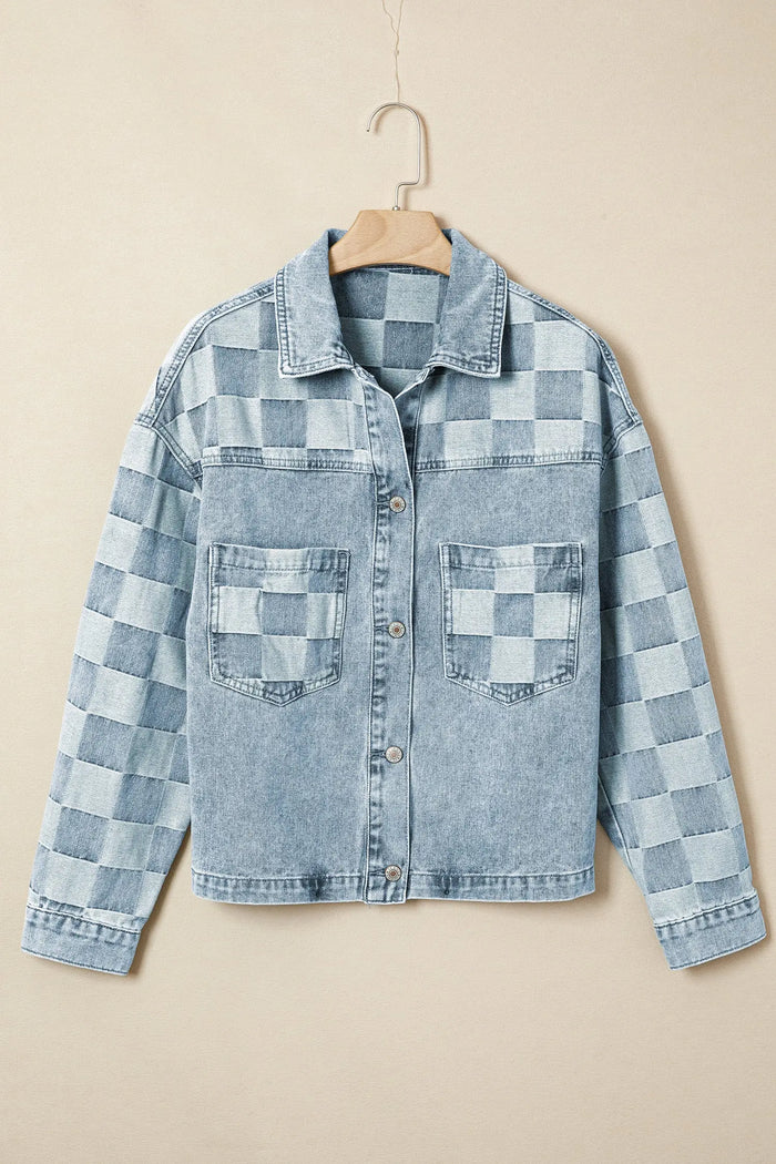 Denim Checkered Pattern Patchwork Casual Jacket - Outerwear/Denim jackets