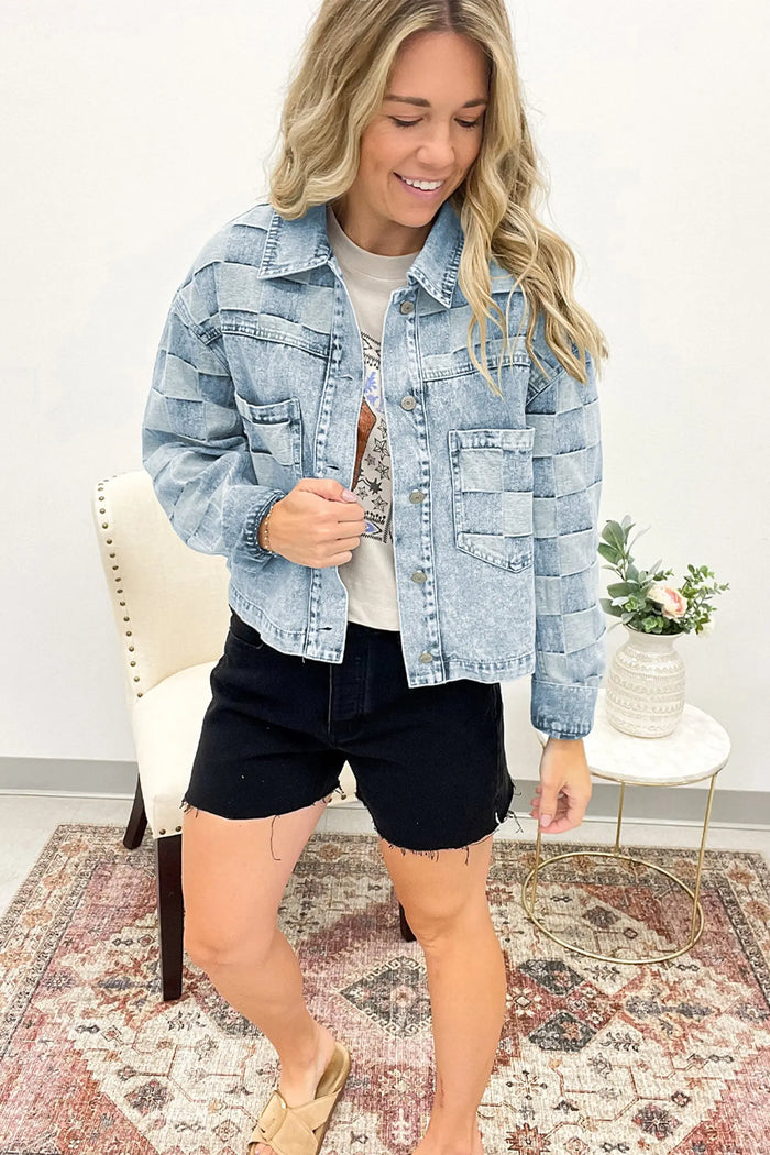 Denim Checkered Pattern Patchwork Casual Jacket - Outerwear/Denim jackets
