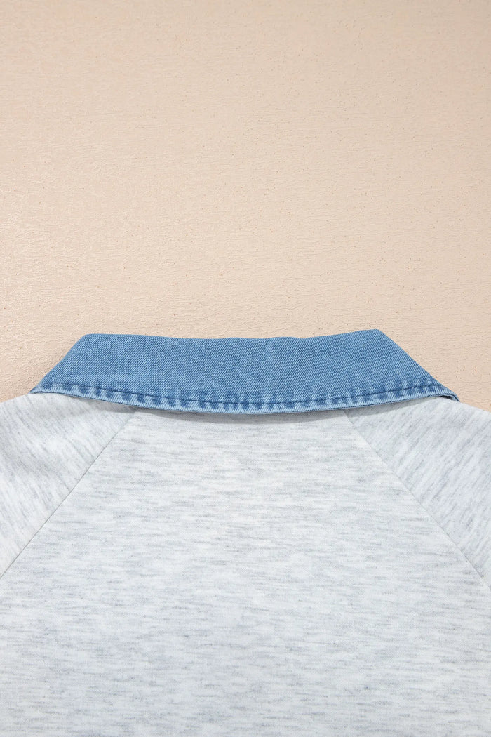 Denim Contrast Collar Cuffed Short Sleeve Top – Light Grey