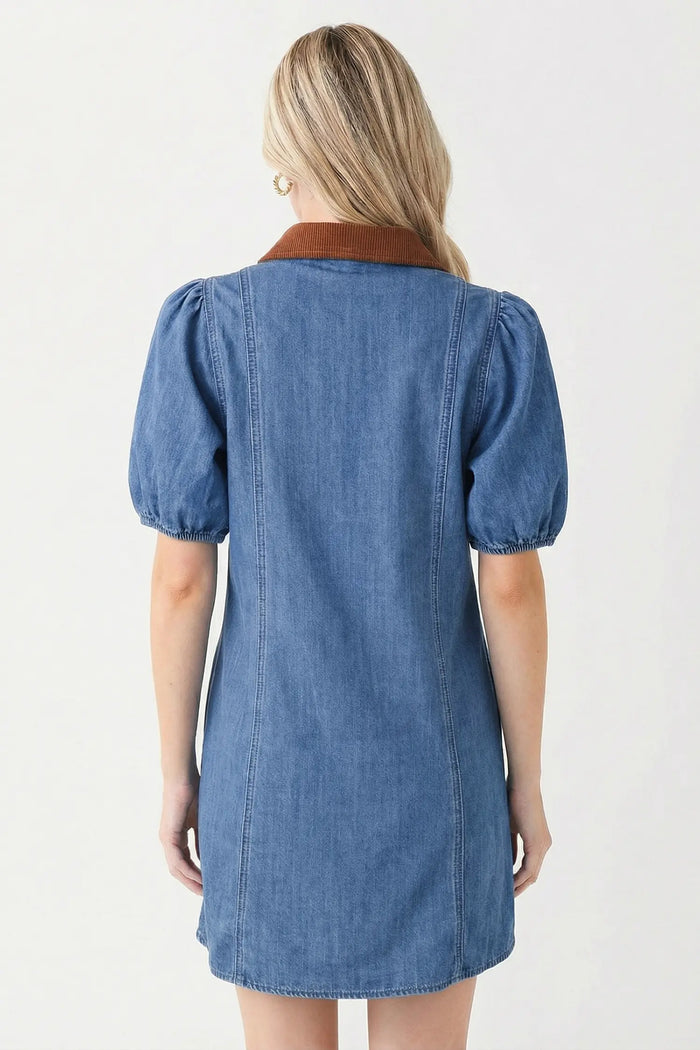 Denim Short Puff Sleeve Collared Mini Dress